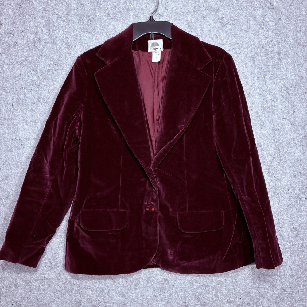 F.A. Chatta Burgundy Velvet Blazer Jacket Womens Size 14 Vintage Academia